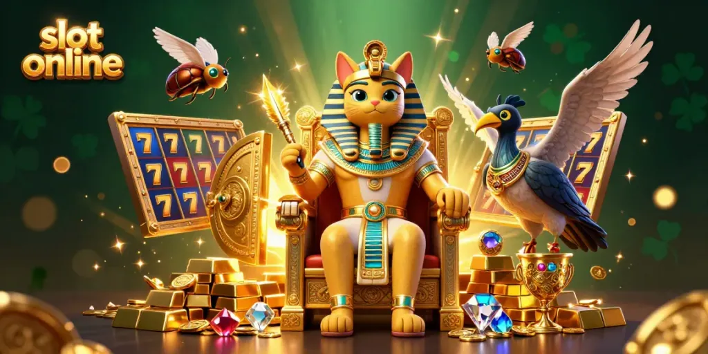 Spin the reels in vibrant slot online gameplay featuring golden treasures, gems, and a pharaoh cat.