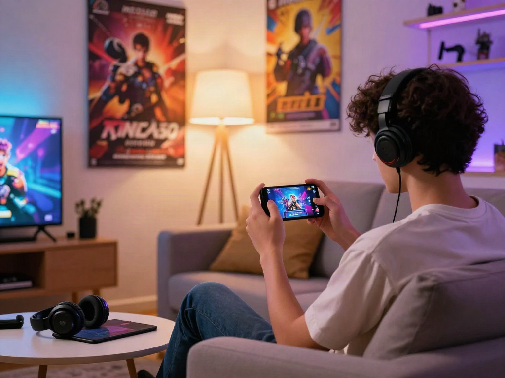 Engaging mobile porn game experience in a cozy living room with vibrant accessories and dynamic visuals.