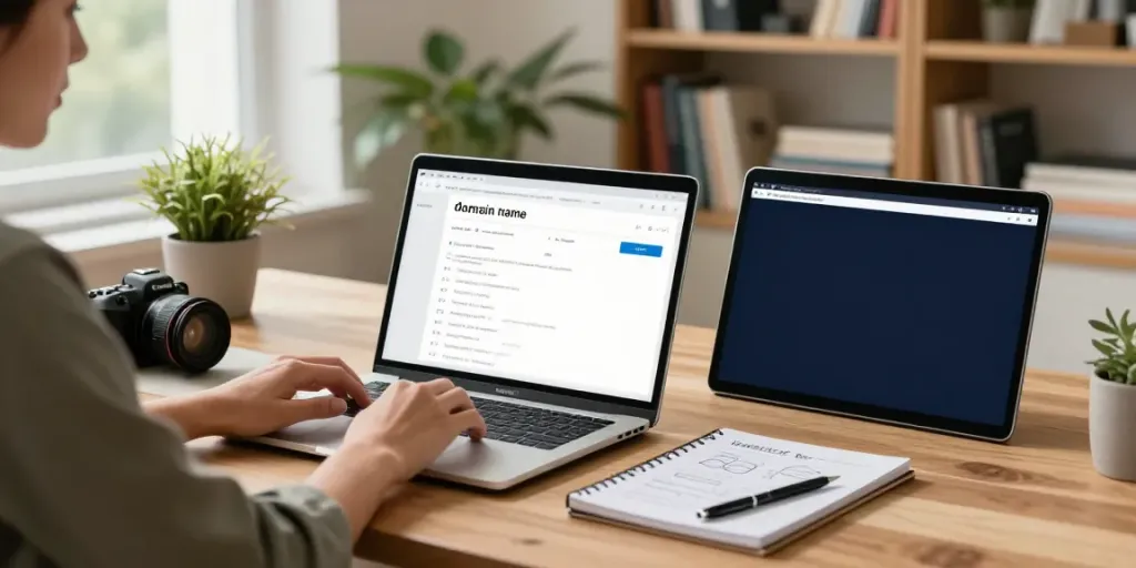 Buying a domain name scene with a person at a modern desk, laptop, and domain registration pages.