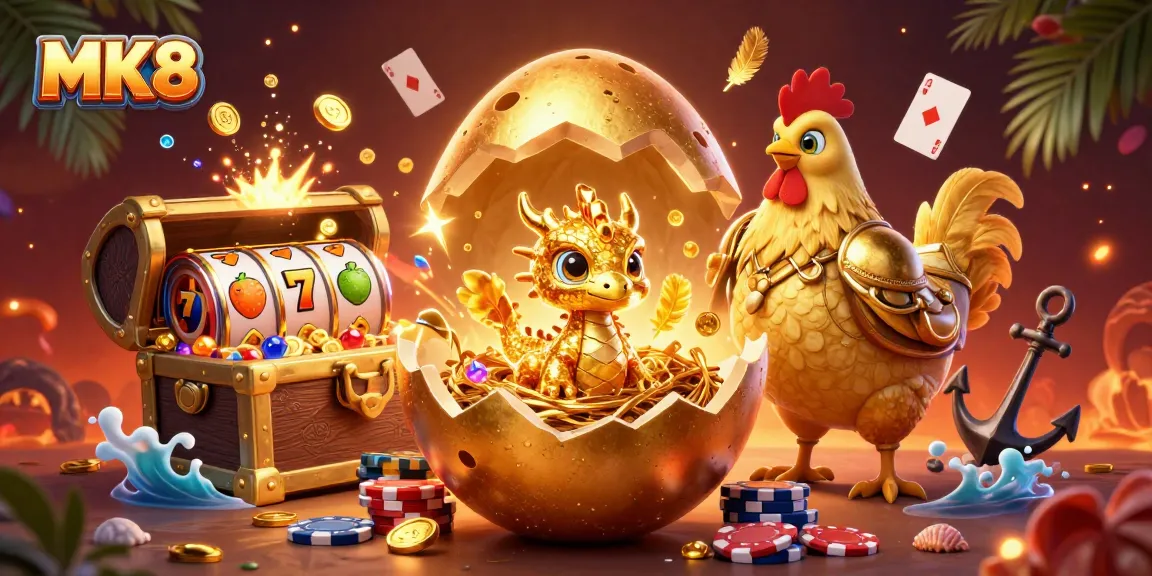 Engage with MK8's thrilling casino experience featuring a golden dragon guarding poker chips.