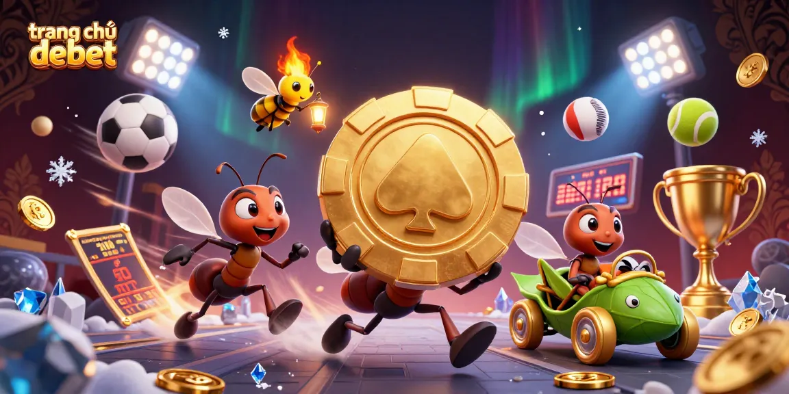 Leading the way in a dynamic heist, ants carry a golden poker chip in the trang chủ debet illustration.