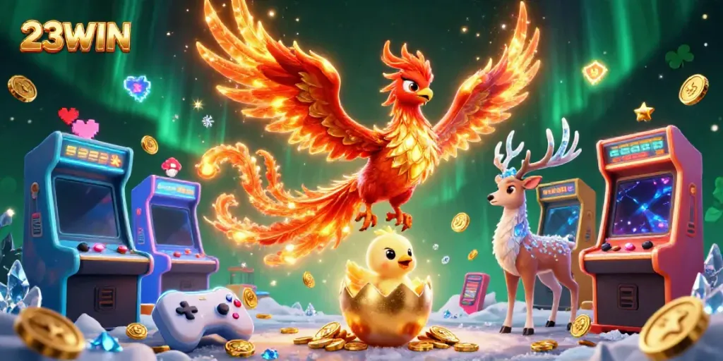 Experience thrilling gaming adventures with 23WIN in a vibrant 3D casino illustration featuring mythical elements.