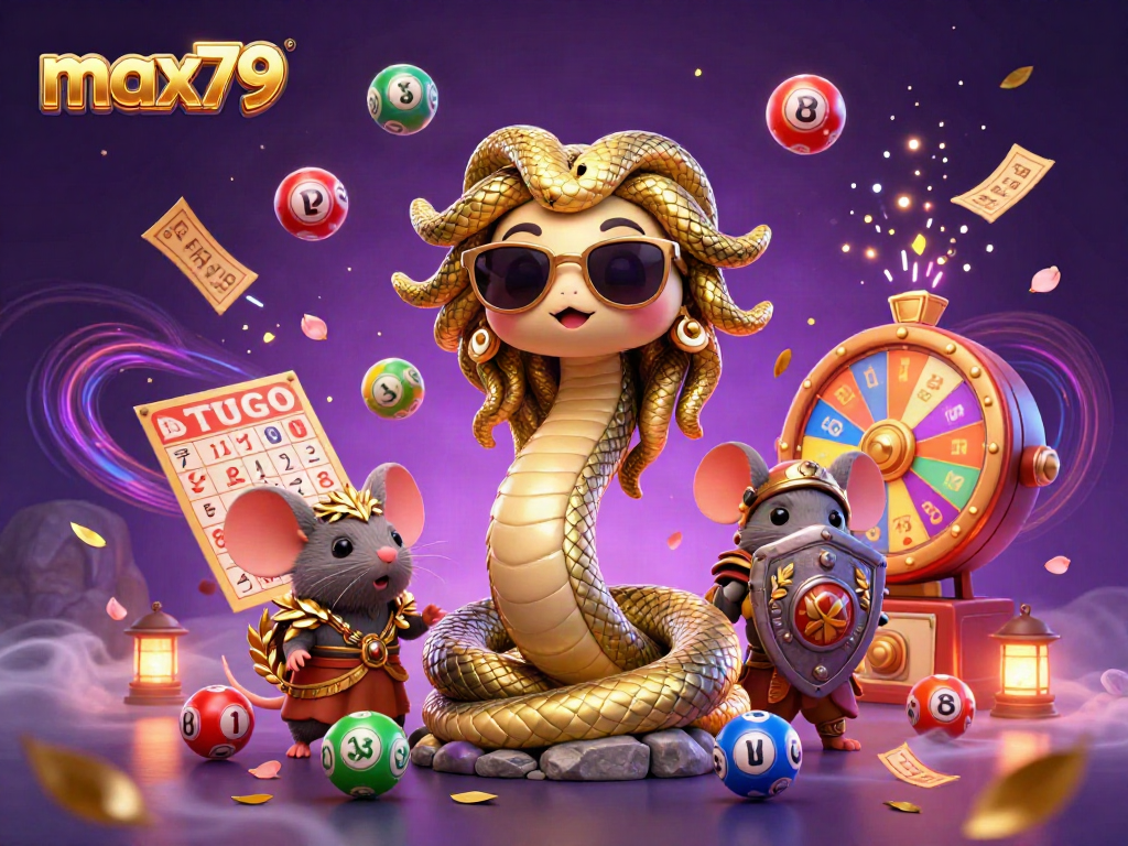 Engage with max79 in a vibrant lottery-themed 3D scene featuring Medusa, a warrior mouse, and dynamic game elements.