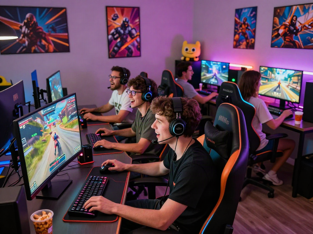 Group of friends enjoying an adult game night with vibrant lighting and gaming gear