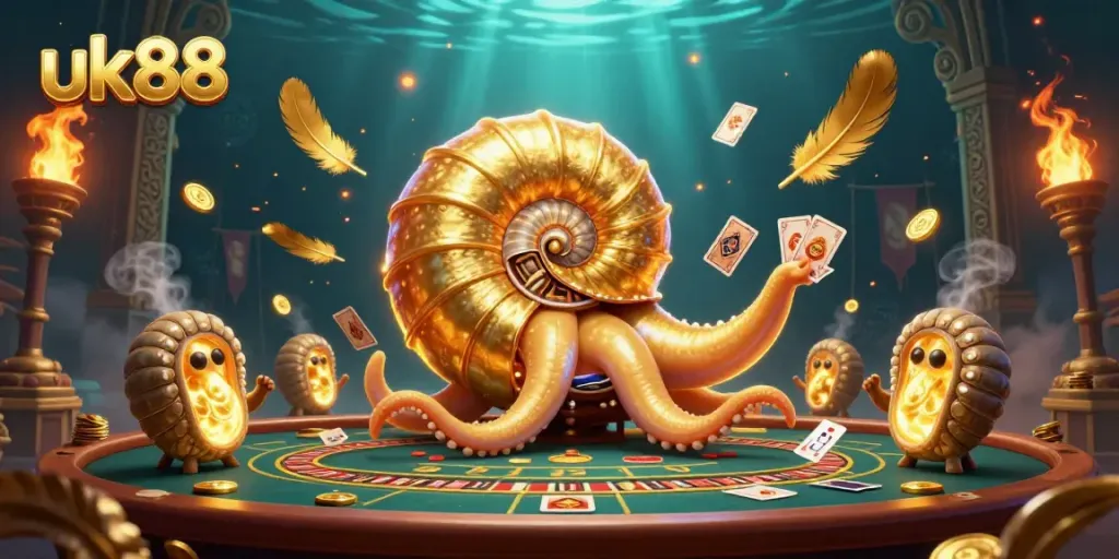 Engage in the excitement of uk88 with a vibrant casino scene featuring an ancient nautilus holding cards and coins.