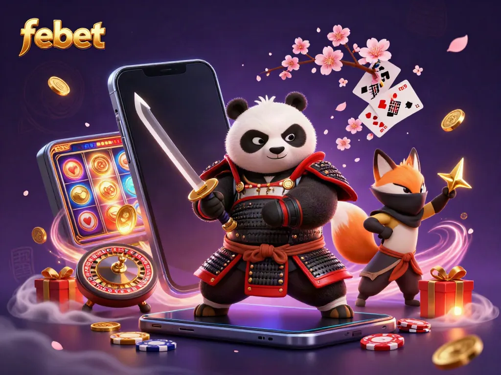 Experience thrilling wins with febet illustrated by a samurai panda and ninja fox in a casino setting.