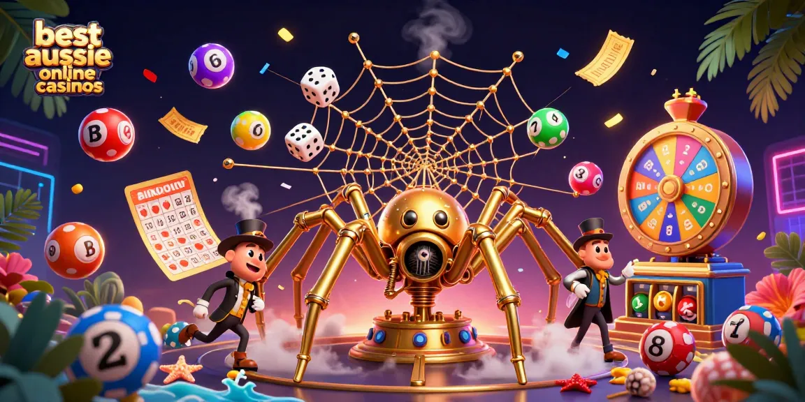 Engaging scene showcasing best aussie online casinos, featuring a steampunk spider and vibrant elements of lottery excitement.