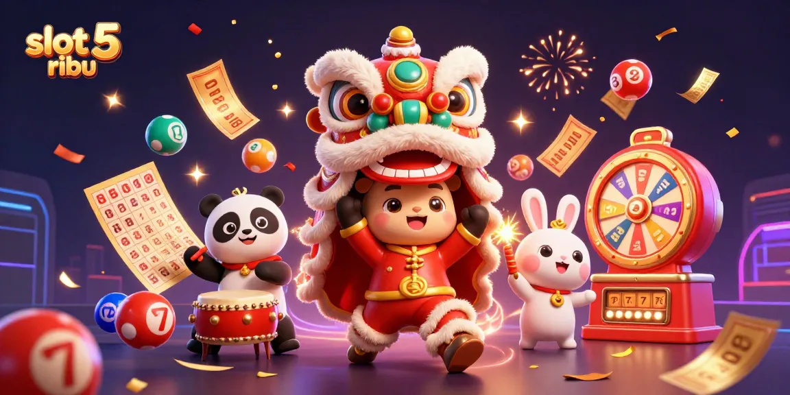 Exciting slot 5 ribu illustration featuring a vibrant lion dance and dynamic casino elements.