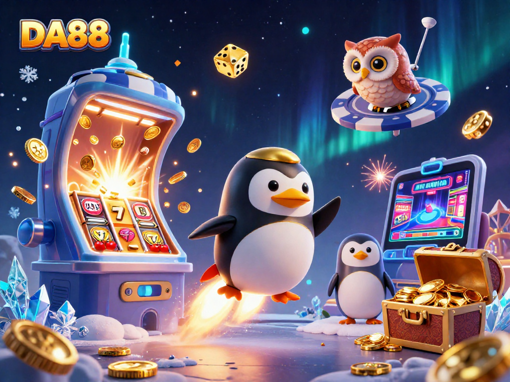 DA88 brings excitement with a golden penguin soaring through a jackpot-themed galaxy.