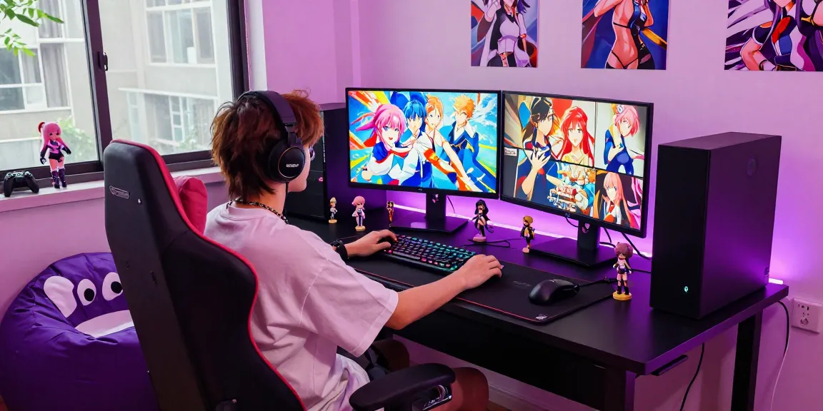 Engaging scene of femboy hentai games being played in a vibrant gaming studio.