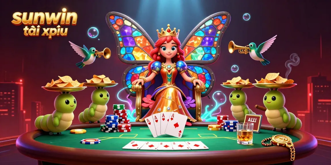 Engage in high-stakes gameplay with sunwin tài xỉu, featuring vibrant 3D butterfly queen and poker elements.