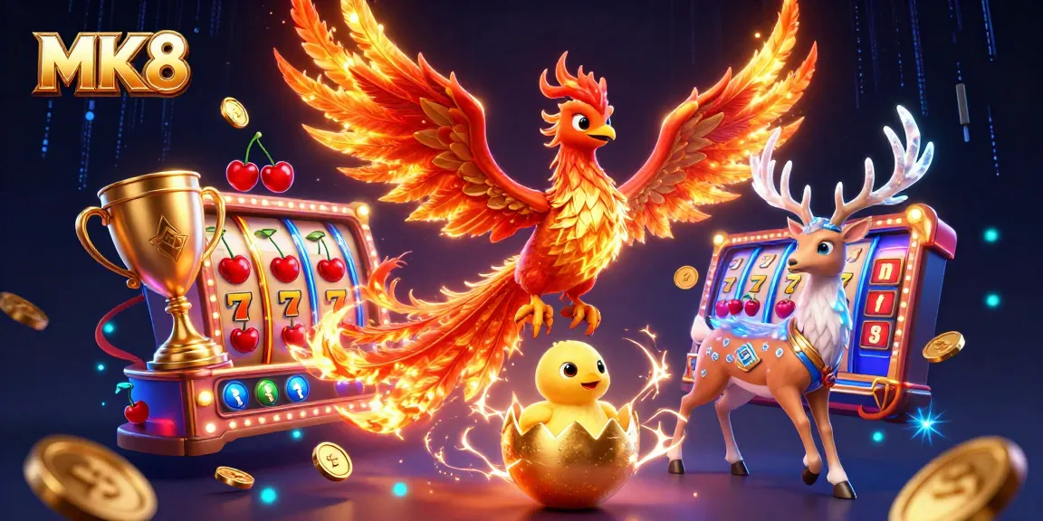 Engage in thrilling MK8 slot games with a vibrant phoenix and sparkling jackpots in this dynamic casino scene.