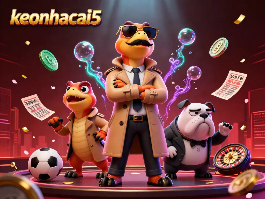 Three cartoon raptors in a trench coat enter a VIP lounge at keonhacai5, showcasing sports betting elements.