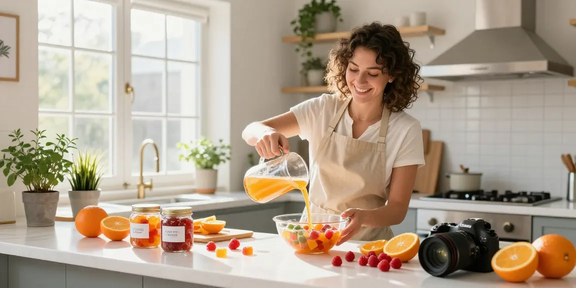Making premium cbd gummies Canada in a bright kitchen with organic fruits.
