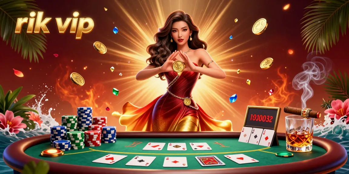 Experience the thrill of rik vip with a glowing golden coin amidst vibrant casino elements.