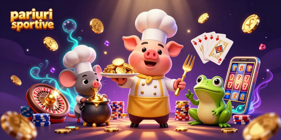 Pariuri sportive: Cheful porc servește monede de aur într-o ilustrație plină de detalii.