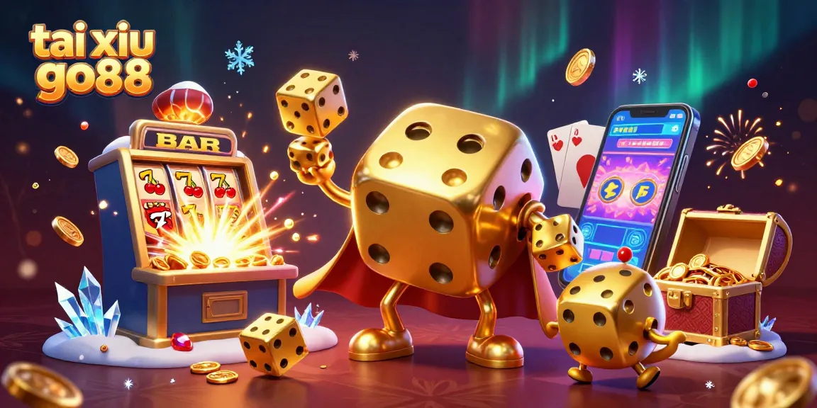Tai xiu go88 showcases a vibrant 3D illustration of a dice golem surrounded by dynamic casino elements, enchanting players.