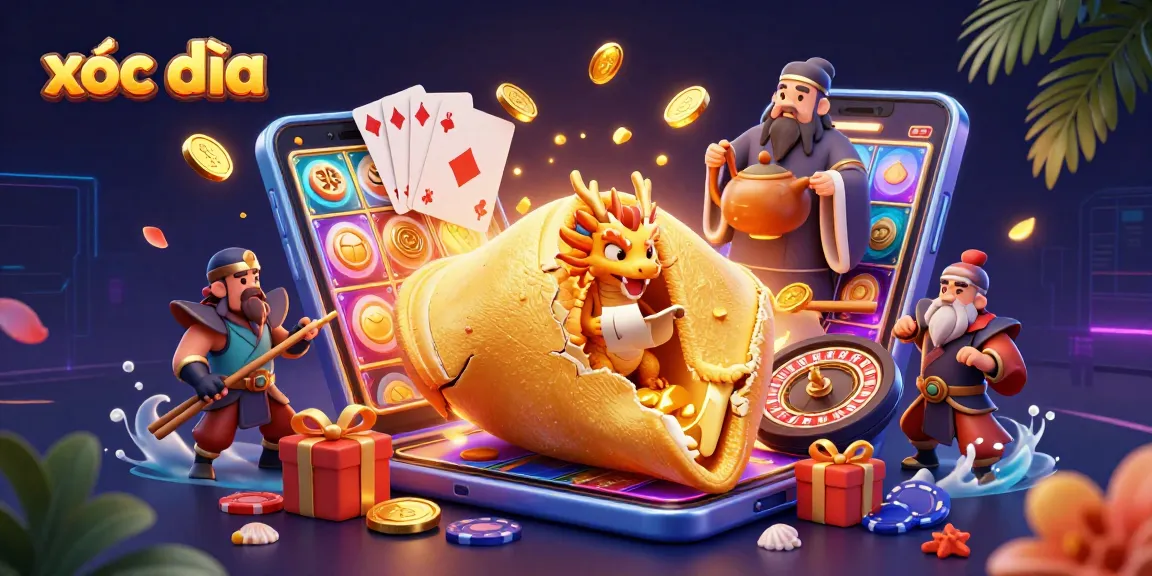 Engage in xóc đĩa with a vibrant illustration, showcasing golden coins, a wise dragon, and gaming elements.