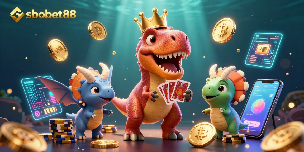 sbobet88 features a T-Rex shuffling cards, surrounded by glowing crypto elements, in a thrilling casino scene