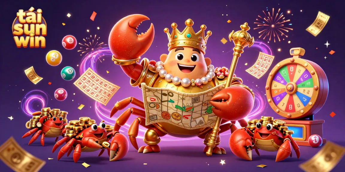 Experience the excitement of tải sun win with a dynamic casino scene featuring a regal crab emperor and colorful lottery elements.