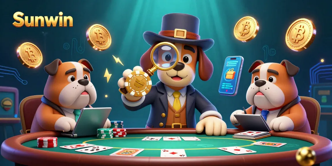 Sunwin engages players with a lively scene of a detective and bulldog surrounded by poker elements and digital currencies.