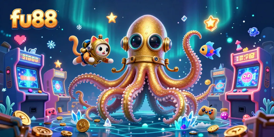 Join the thrilling adventure in fu88 with a kraken and diving cat amid colorful casino elements.