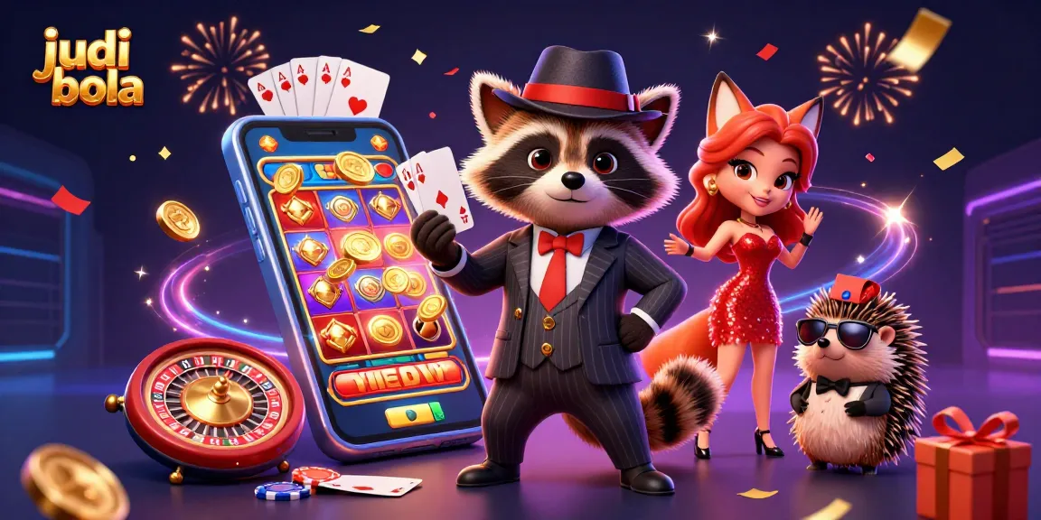 Experience judi bola excitement with a suave raccoon, fox, and hedgehog in a vibrant casino scene.