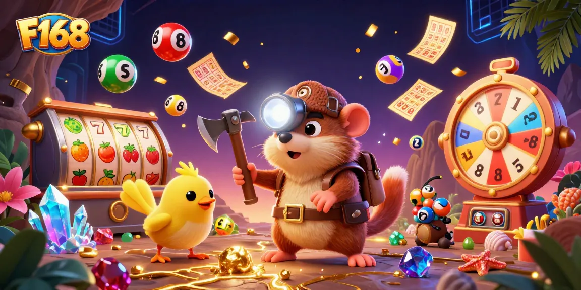 Experience thrilling moments with F168's vibrant slot games and treasure hunter characters.